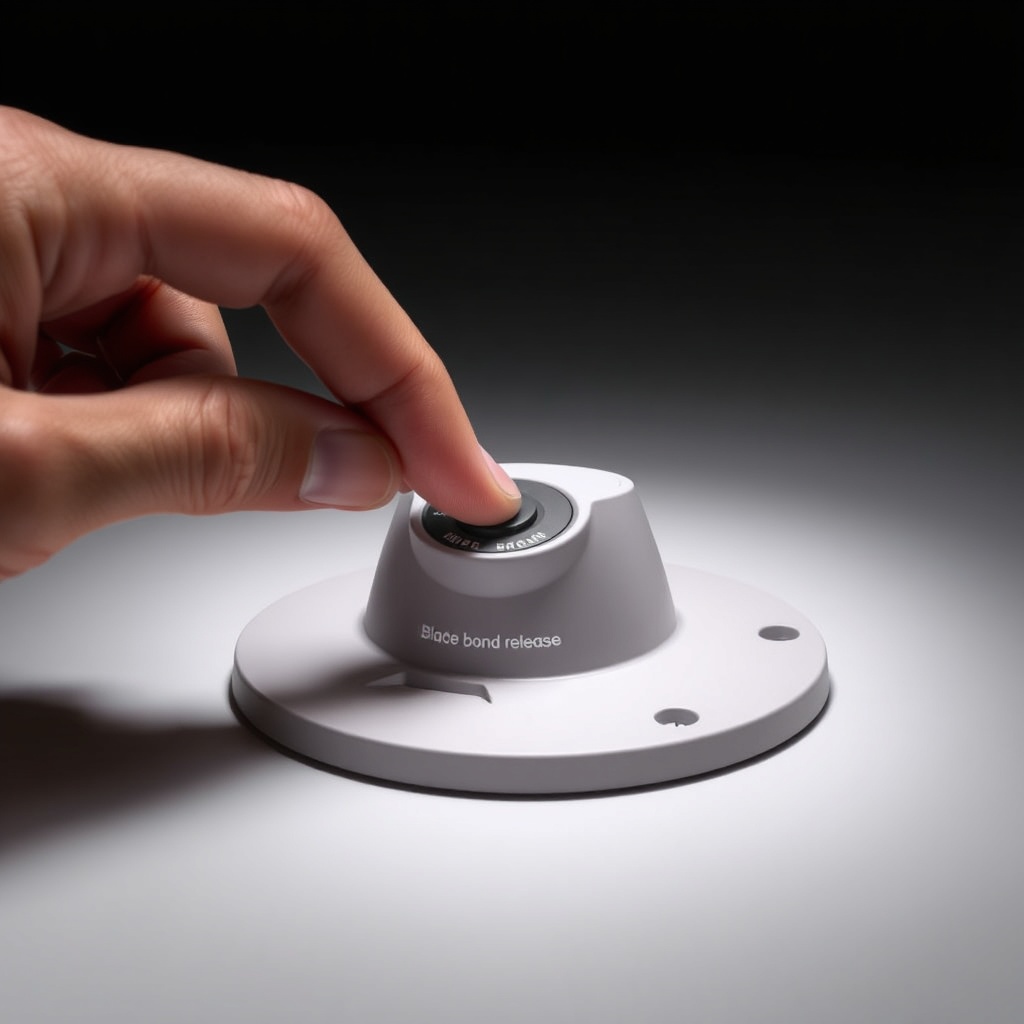 <clean photorealistic photo of a user’s hand holding the blade lock release button on the