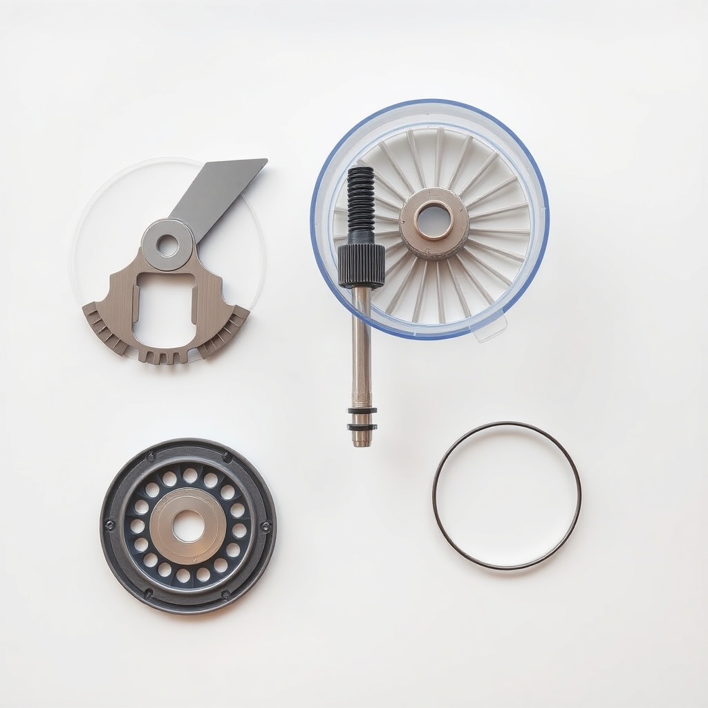 A clean photorealistic overhead shot of an ApplianceMaster Pro Bend 700 chopper assembly d