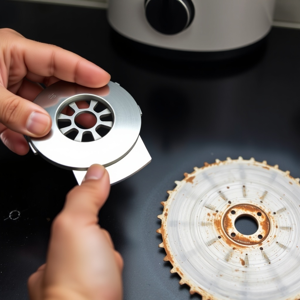 A clean photorealistic close-up of a hand holding a new ApplianceMaster Pro Bend 700 chopp