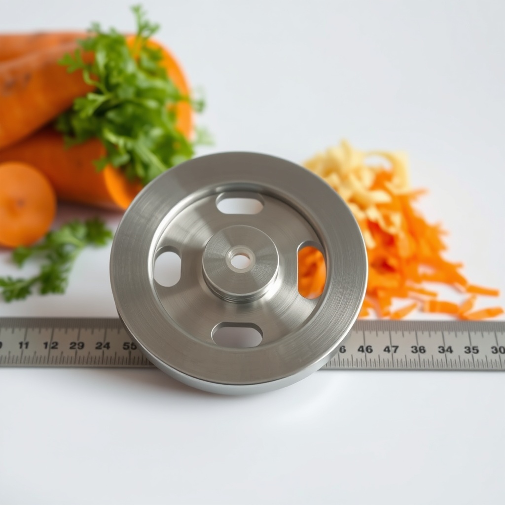 <clean photorealistic photo of a stainless steel chopper disc beside a ruler showing 170 m