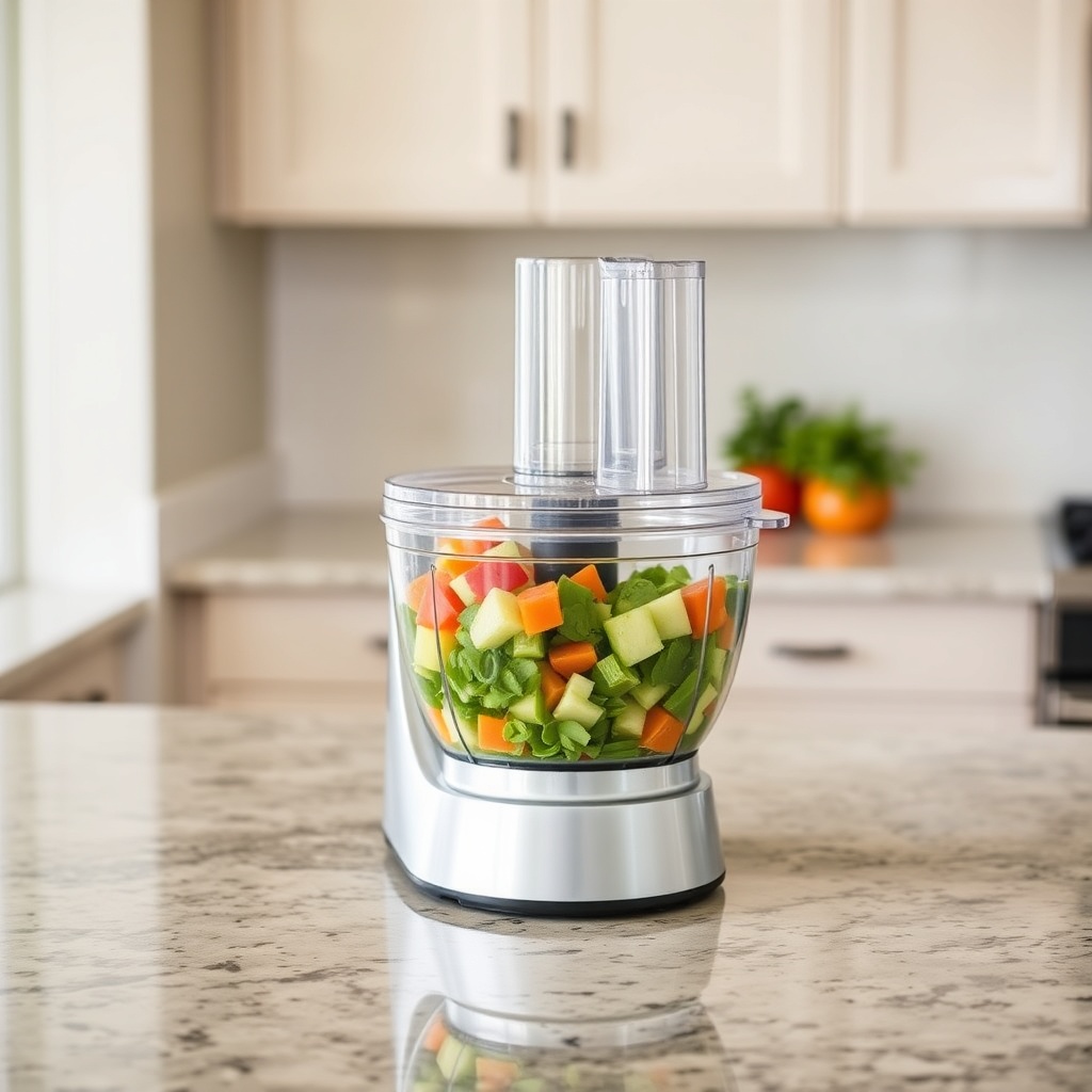 A photorealistic 2:3 ratio photo of the ApplianceMaster Pro Bend 700 food processor on a c