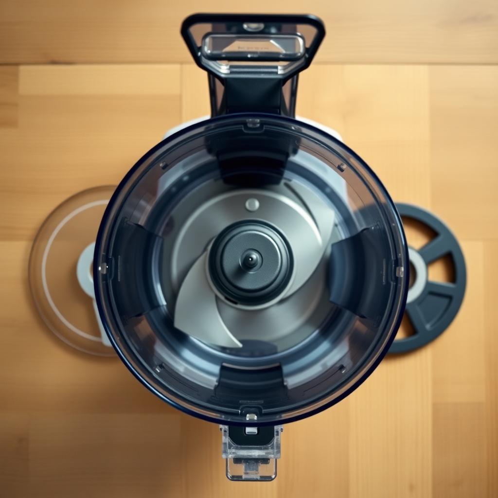 A photorealistic top-down photo of the Pro Bend 700 food processor with the lid removed