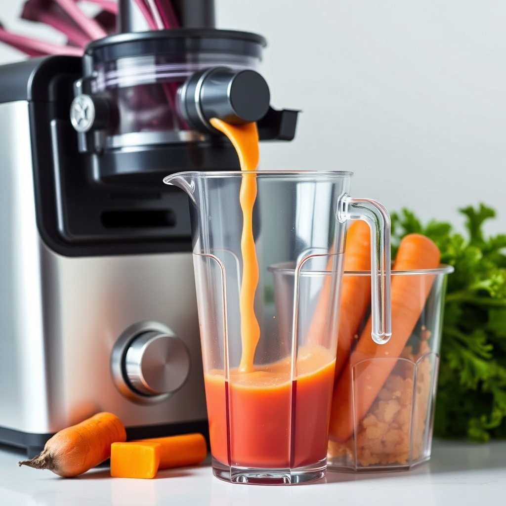 <clean photorealistic photo/illustration of beets and carrots being fed into the Appliance