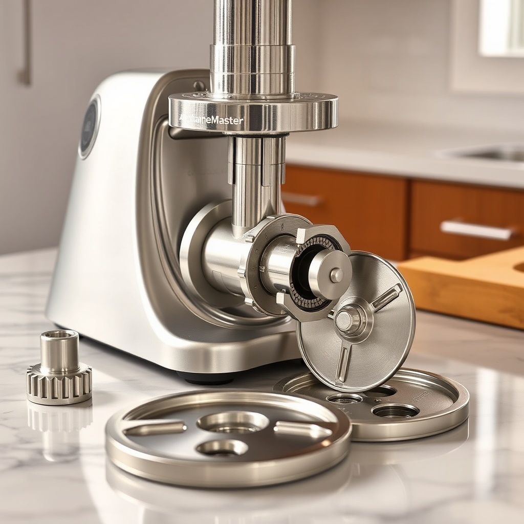 Close-up photorealistic shot of the ApplianceMaster Pro Bend 700 meat grinder attachment d
