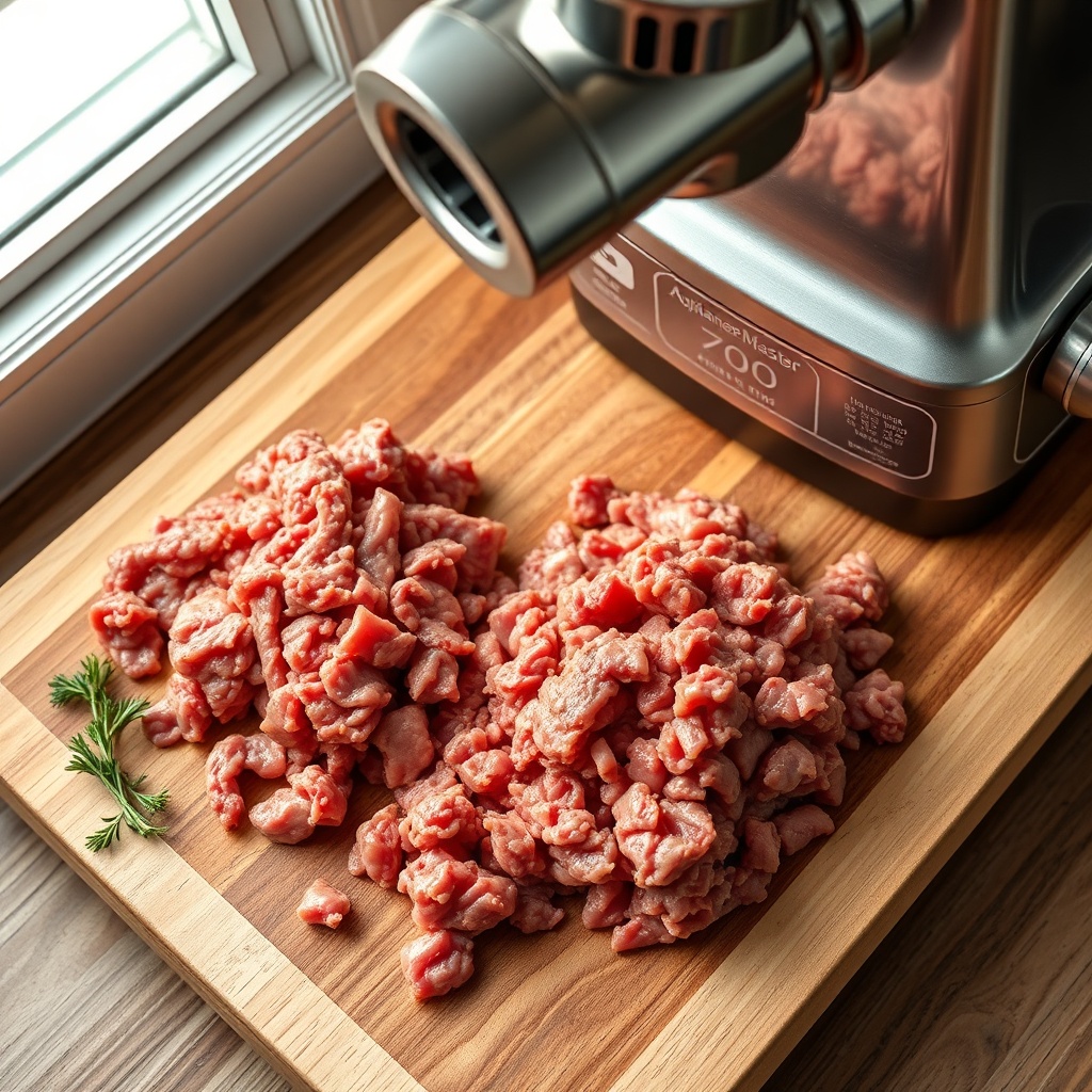 Photorealistic overhead shot of freshly ground beef and pork mince on a wooden cutting boa