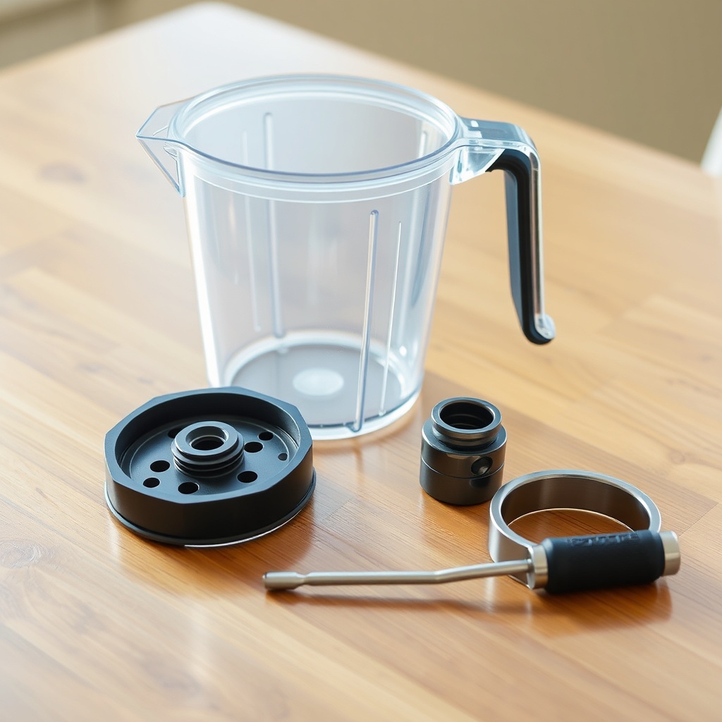 Photorealistic image of an ApplianceMaster Pro Bend 700 pitcher disassembled on a wooden t