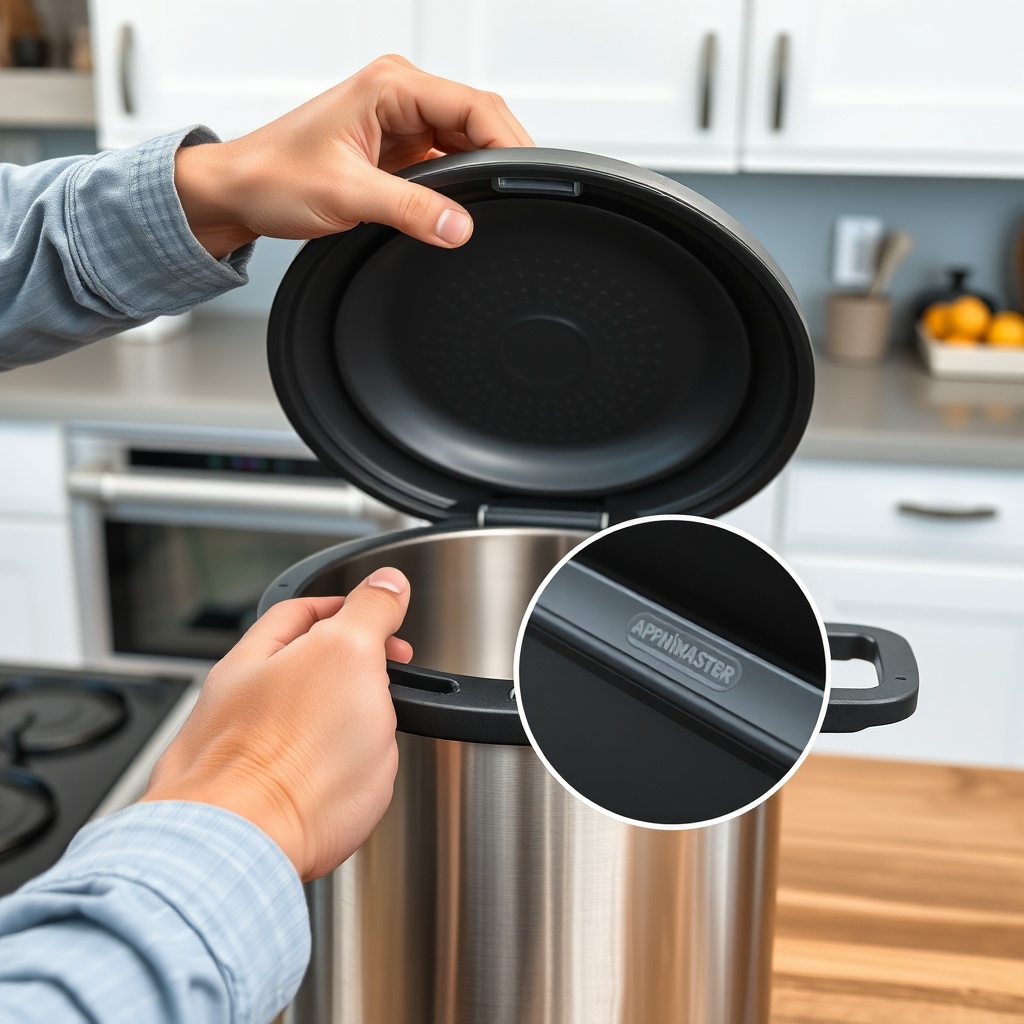 <clean photorealistic photo/illustration of a user inspecting the lid gasket of an Applian