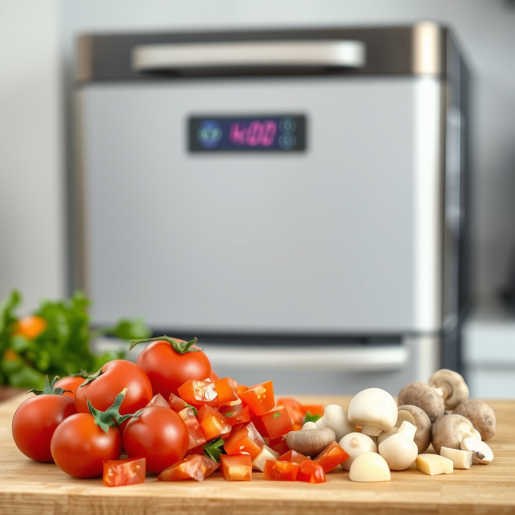 A clean photorealistic photo showing a pile of evenly chopped tomatoes and mushrooms on a