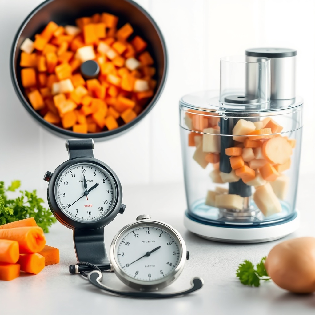 A clean photorealistic photo showing a stopwatch beside a bowl of perfectly diced carrots