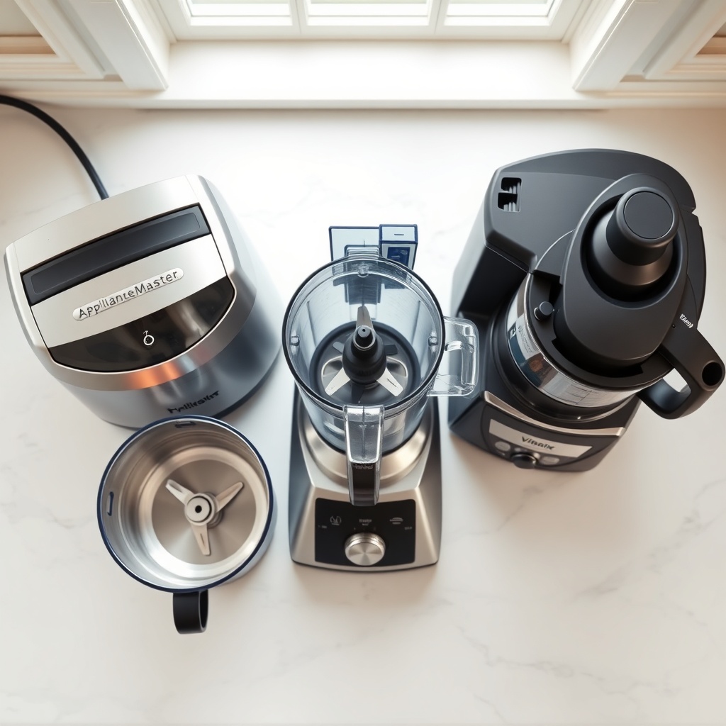 A photorealistic overhead shot of three food processors arranged diagonally: the Appliance