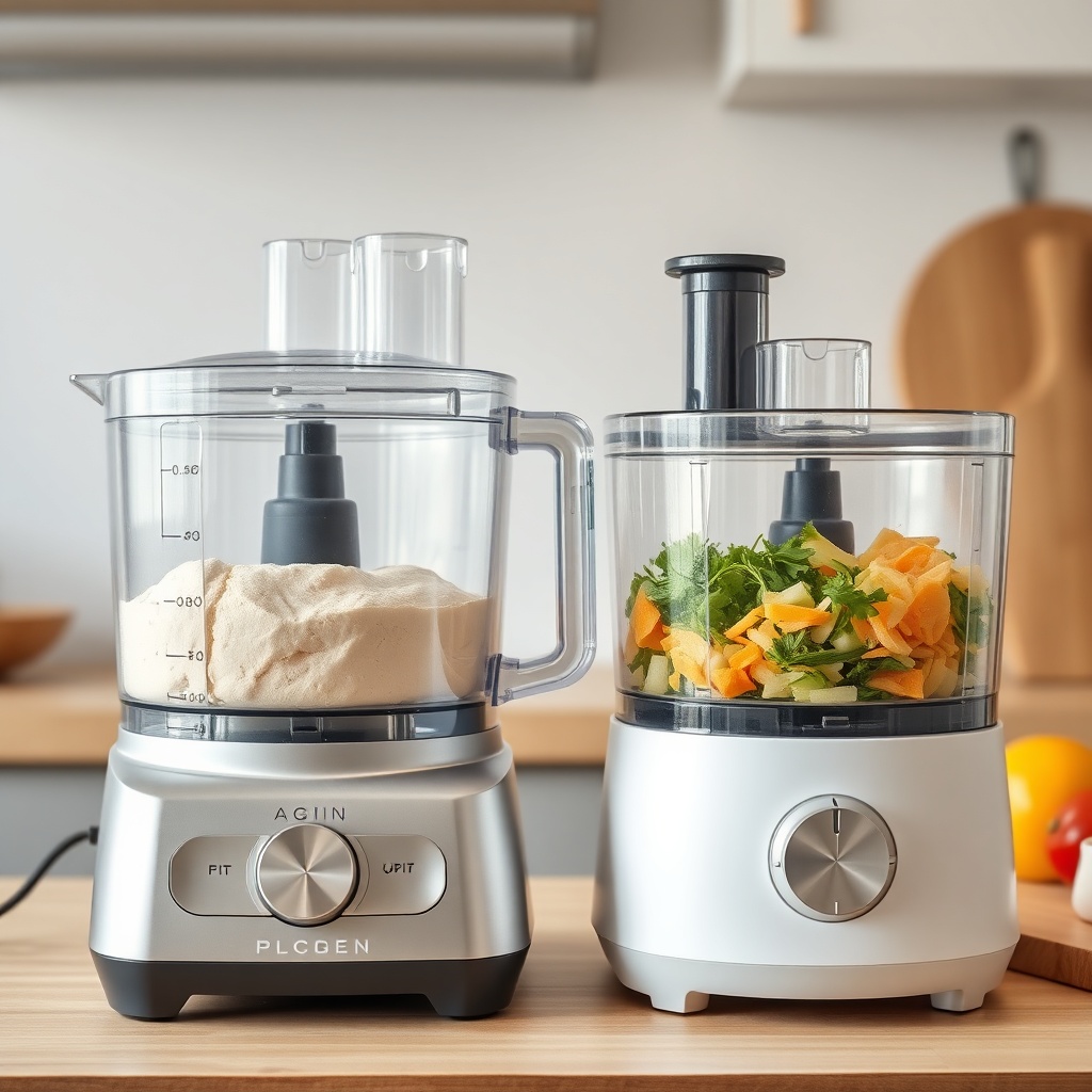<clean photorealistic photo of two food processors side by side on a kitchen counter