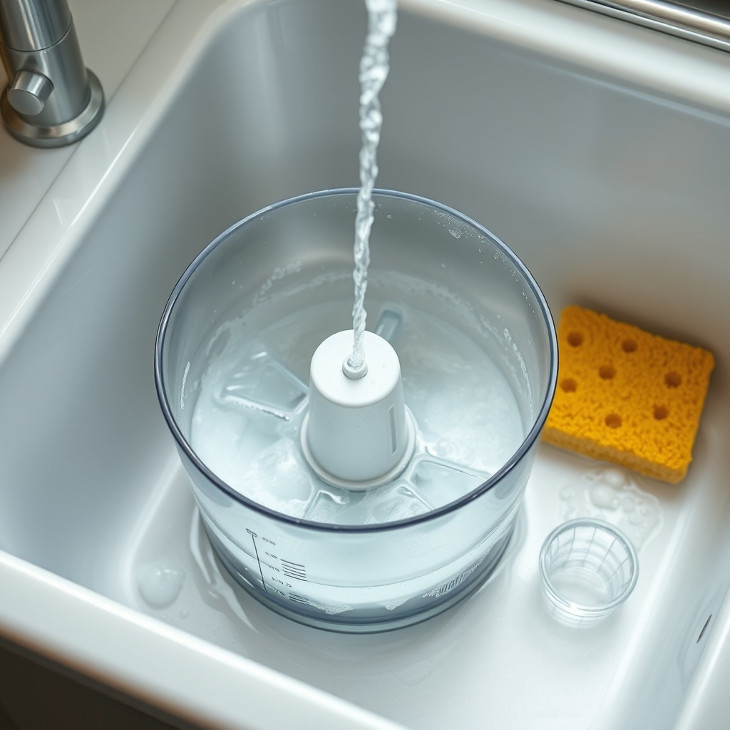 <clean photorealistic photo of a food processor bowl being cleaned under running water in