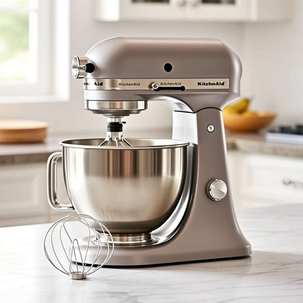 <clean photorealistic photo/illustration of the KitchenAid Artisan 5 Quart stand mixer on