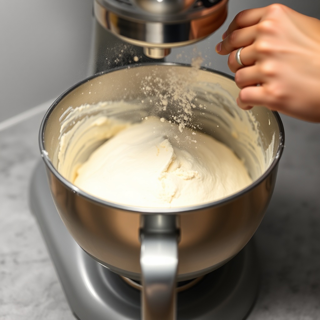 <clean photorealistic photo/illustration of dough being kneaded in the KitchenAid Artisan