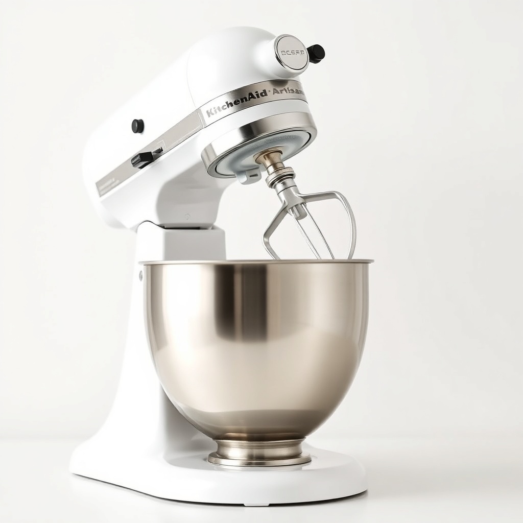 <clean photorealistic photo of a KitchenAid Artisan 5 Quart stand mixer with the head tilt
