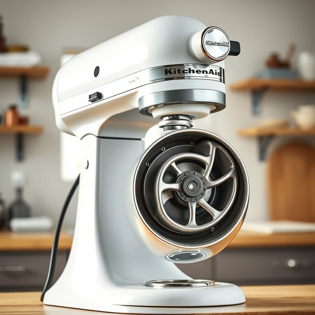 photorealistic photo of an open KitchenAid Artisan 5 Quart mixer head showing the worm gea