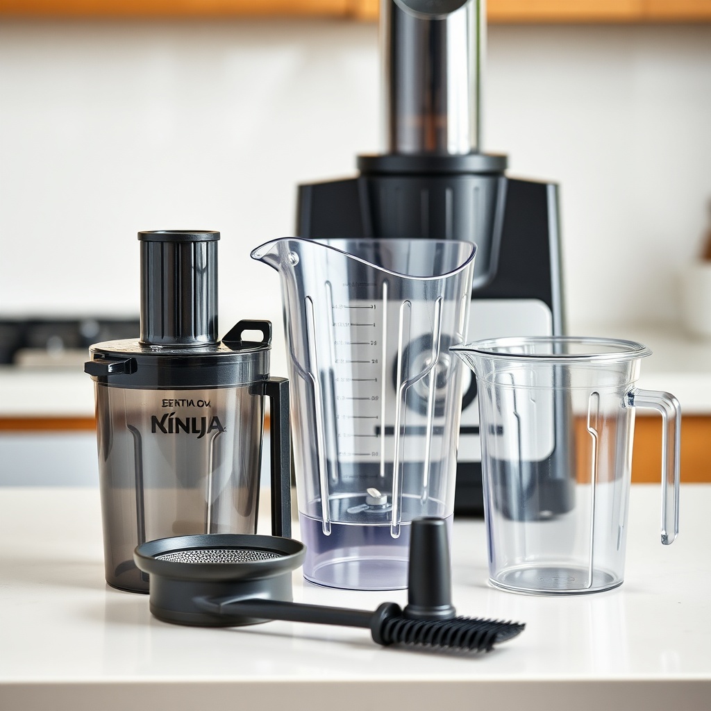<clean photorealistic photo/illustration of the juicer attachment parts (pitcher
