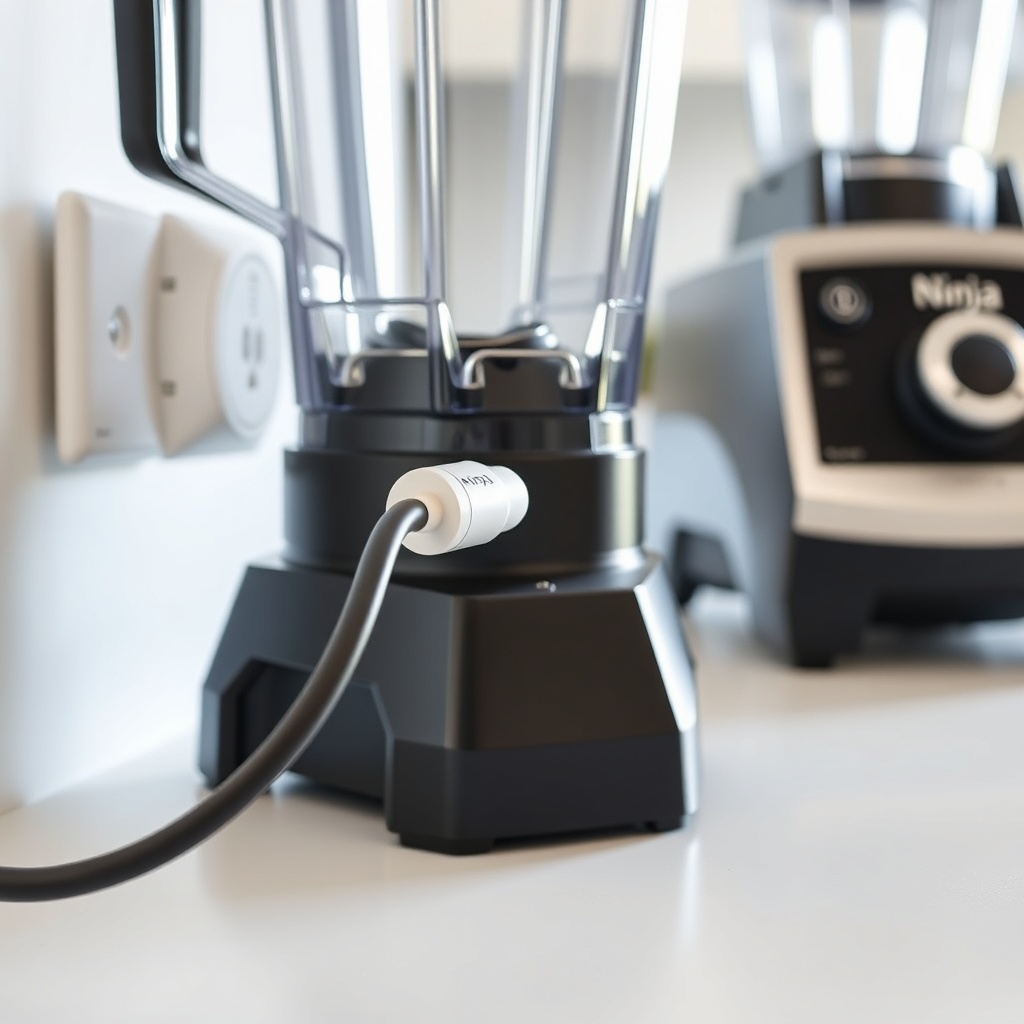 A photorealistic close-up photo of a Ninja Professional Plus BQ800 power cord being plugge