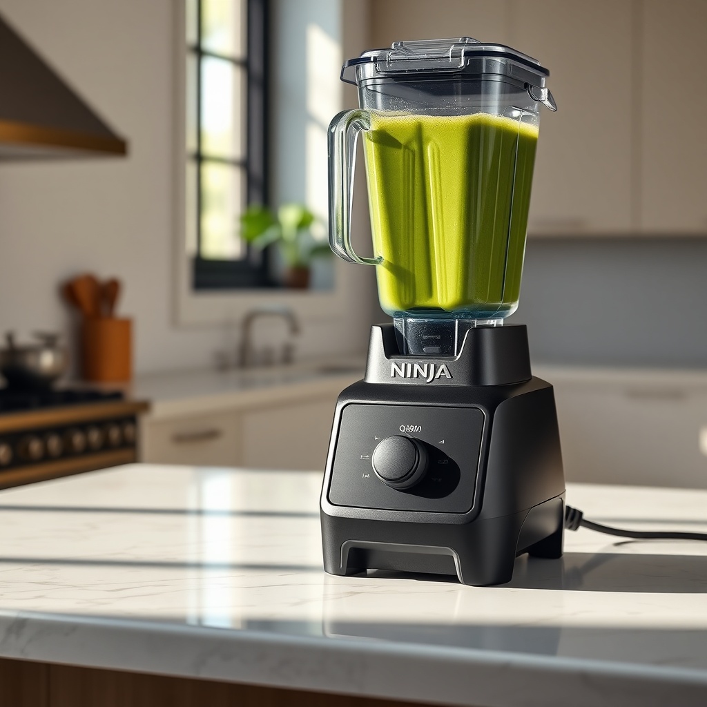 A photorealistic wide shot of a Ninja Professional Plus BQ800 blender on a clean marble co