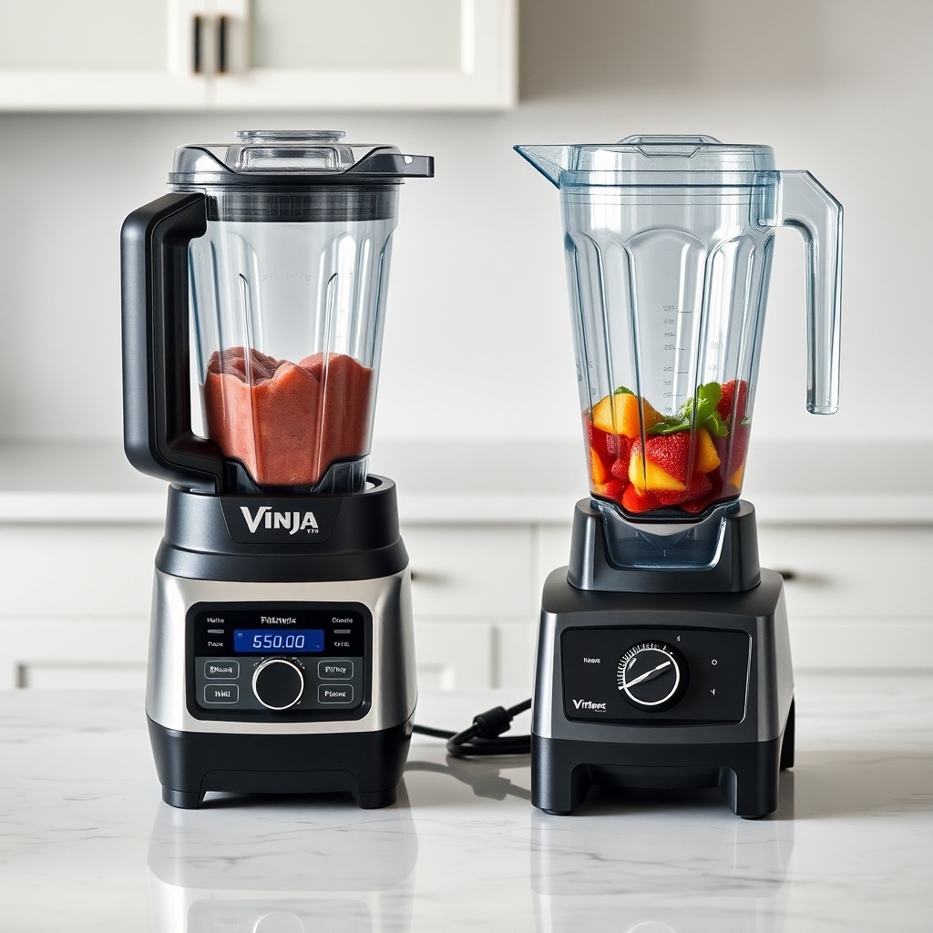 A clean photorealistic photo of the Ninja Professional Plus BQ800 and Vitamix A3500 side-b
