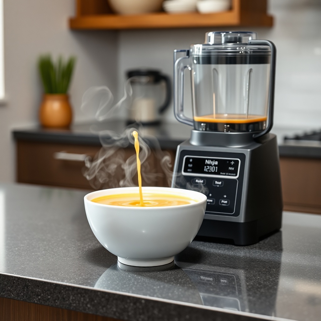 A clean photorealistic photo showing the Ninja Professional Plus BQ800 pouring hot soup in