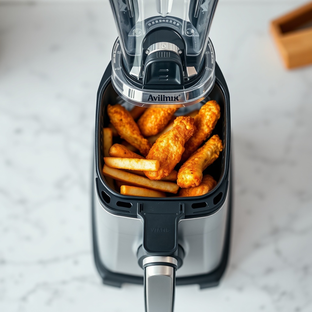 A photorealistic overhead shot of a Vitamix A3500 blender base with the air fryer attachme