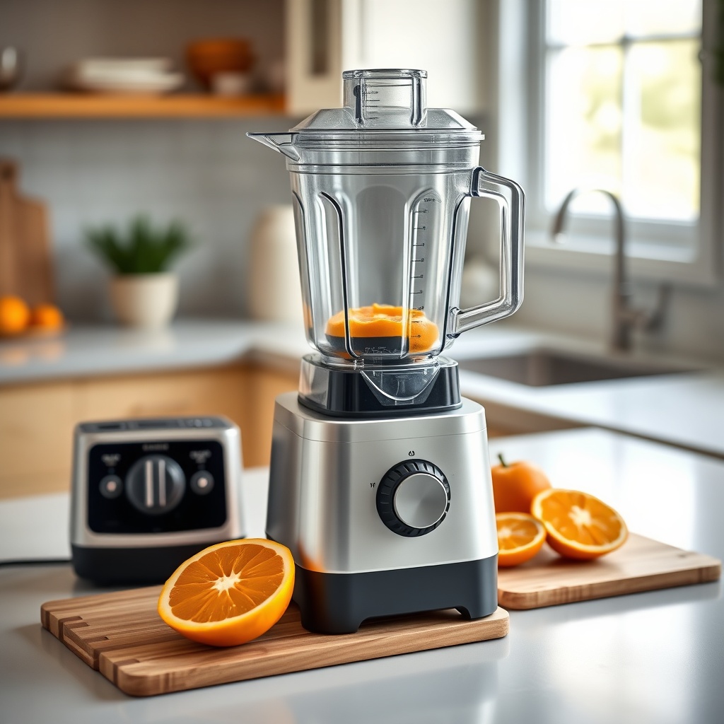 A photorealistic overhead shot of a Vitamix A3500 with the juicer attachment installed on