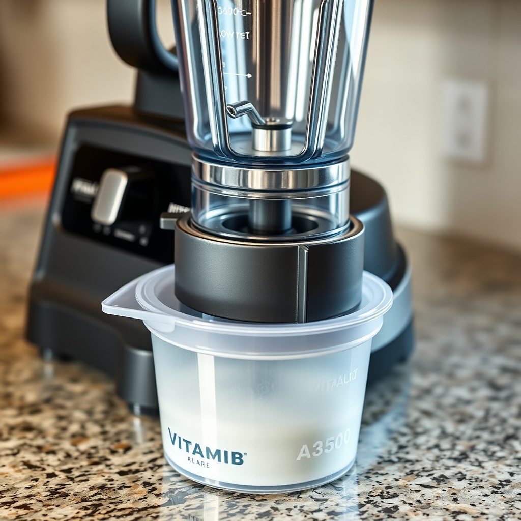 A close-up photorealistic image of the juicer attachment’s centrifugal basket and pulp con
