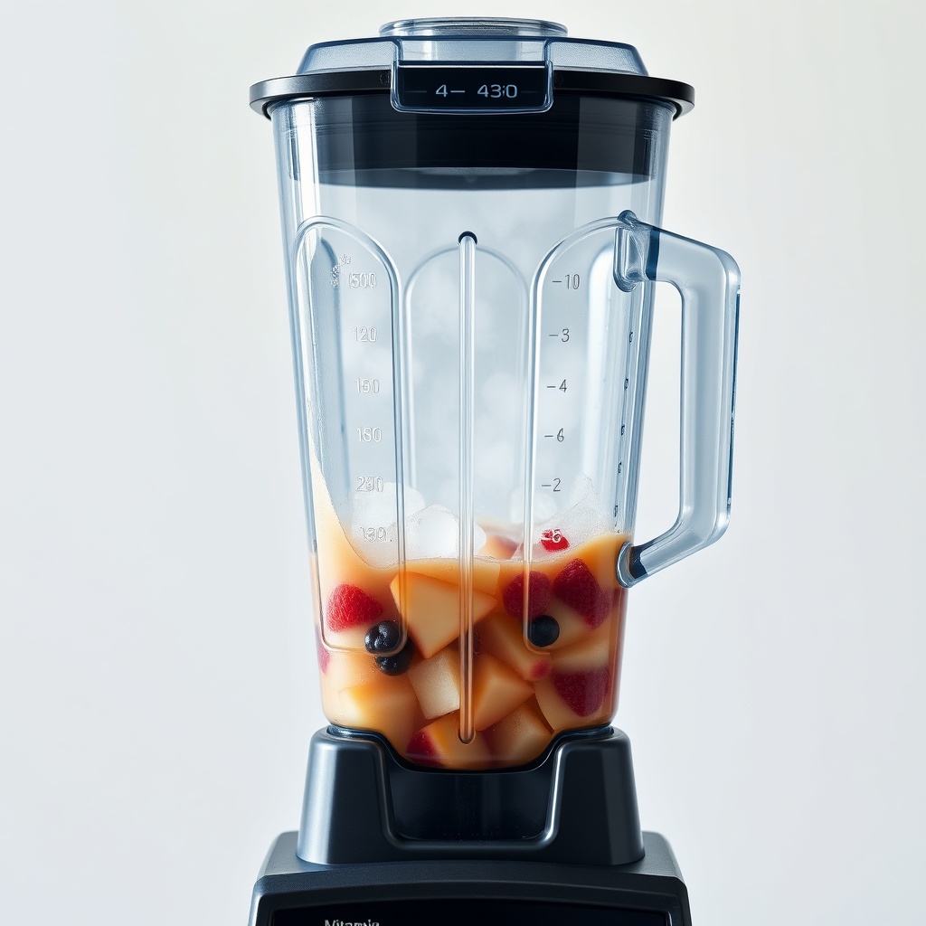 <clean photorealistic photo of a Vitamix A3500 blending a thick fruit-and-ice mixture